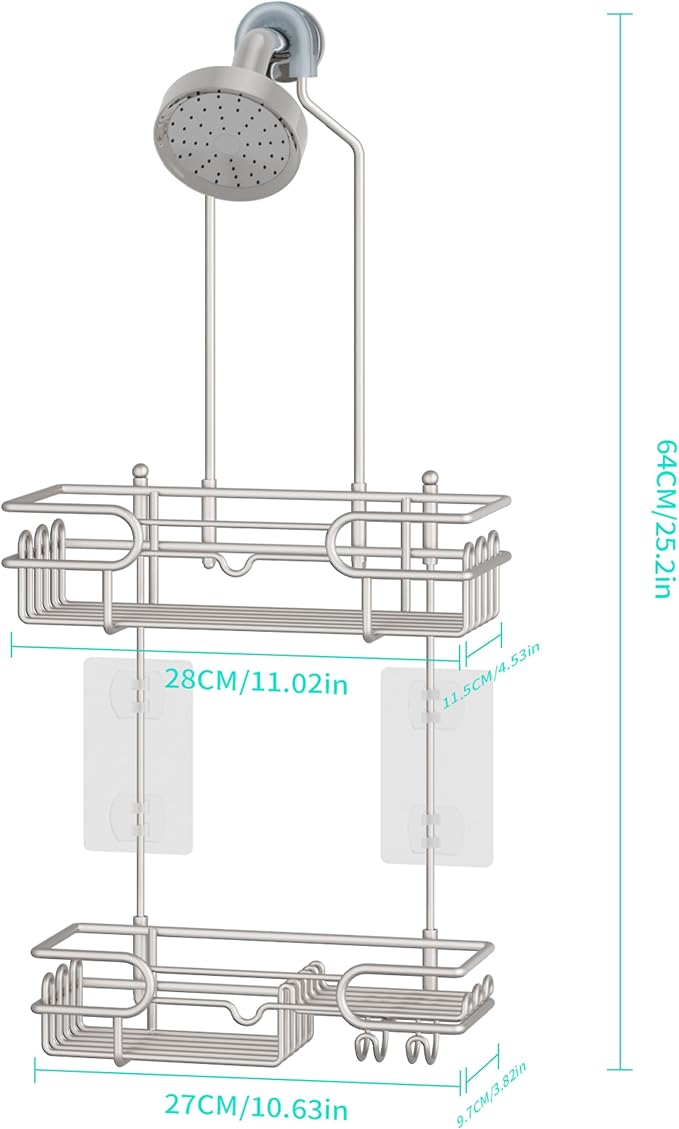 HapiRm Hanging Shower Caddy Organizer - Bathroom Organizer with 12 Hooks and Soap Holder, Rustproof Shower Shelf over Shower Head - Brushed Nickel