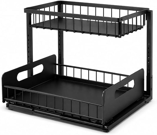 Under Sink Organizer, 2 Tier Adjustable Cabinet Organizer with Slide-Out Drawer, Heavy Duty Metal Storage Rack for Kitchen, Bathroom & Laudry room.