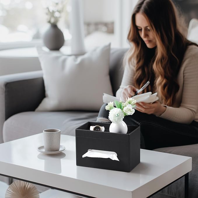 Plus Size Tissue Box Cover, Rectangle Tissue Box Organizer, Black | Fit 180/230 Count Tissue Boxes, Storage Tray, PU Leather Large Tissue Box Cover, Rectangular Tissue Box Holder for Bathroom