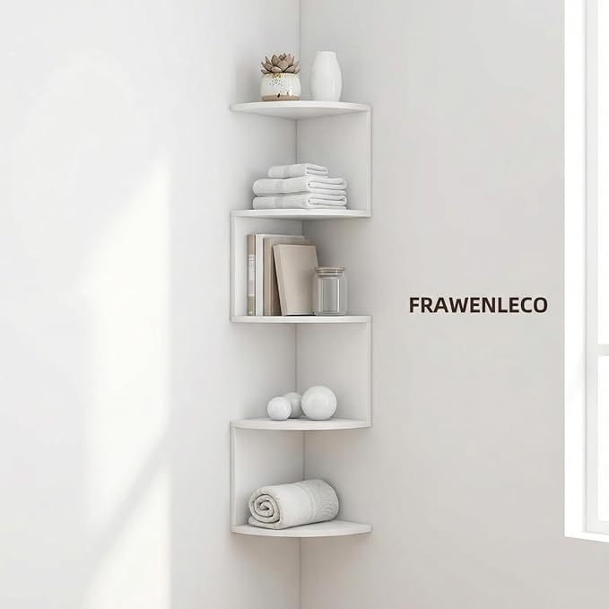 5-Tier Corner Shelf Wall Mount, Screw-Mounted Floating Bookshelf with Enhanced Support, Space-Saving Zigzag Shelf for Bedroom, Living Room, Office, Garage – (White)