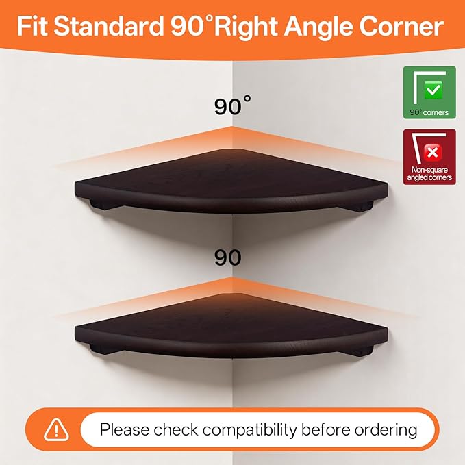 Gieanoo Floating Corner Shelves Set 2 12inch Walnut Solid Oak Rounded Corner Shelves Wall Mounted with Cable Hole Wood Corner Hanging Shelves for Living Room Bedroom Bathroom Kitchen
