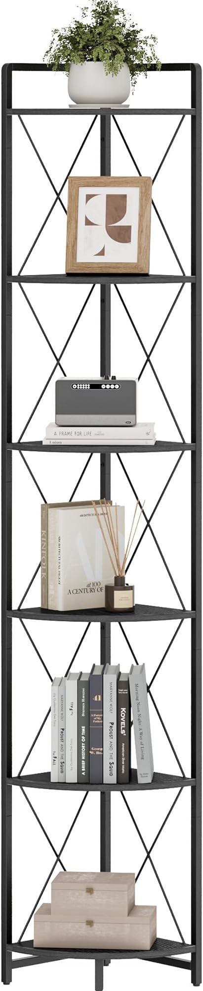 6 Tier Corner Shelf Stand, 78" H Tall Corner Bookshelf, Black | Industrial Metal Corner Shelf for Living Room Decor, Plant Stand Display Shelf for Bedroom, Bathroom, Small Spaces