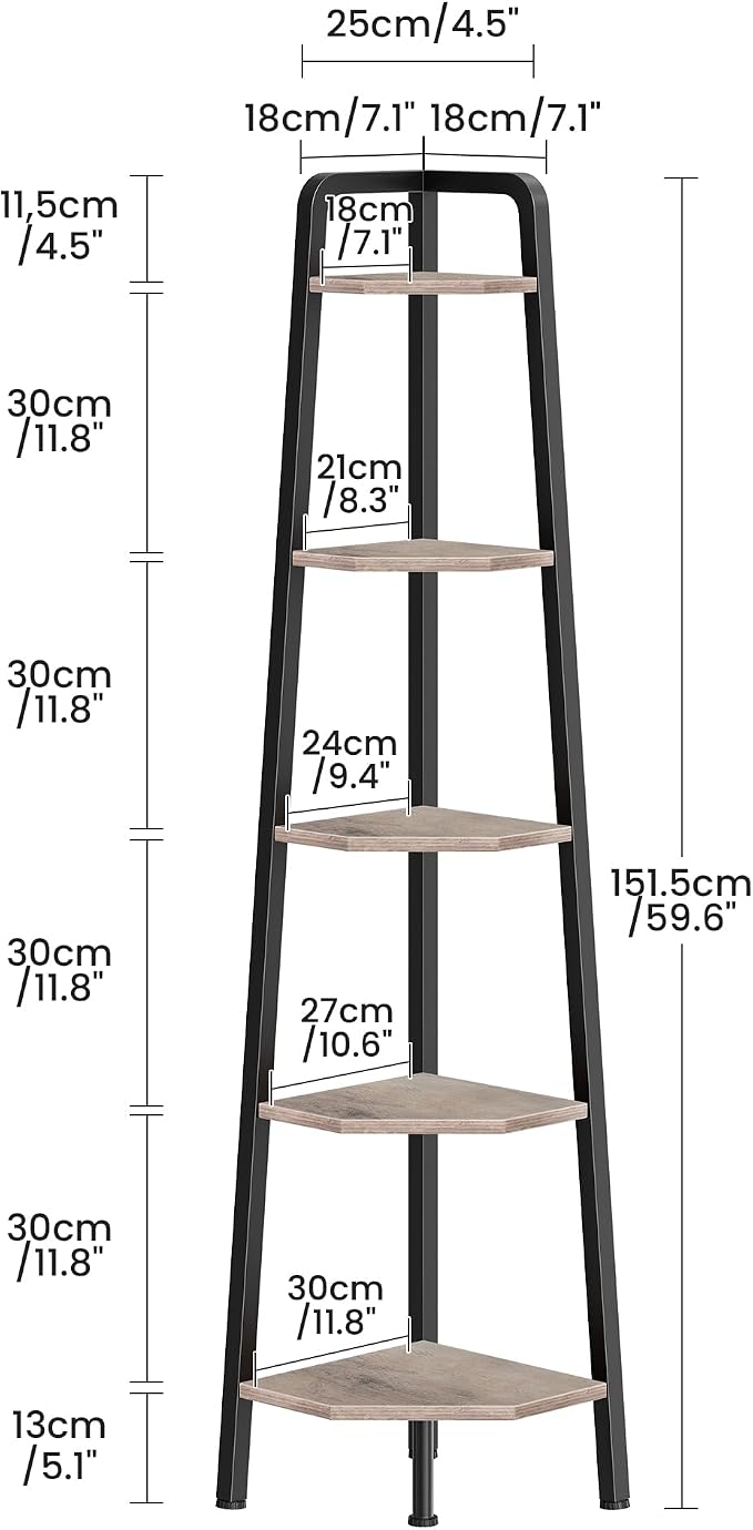 Corner Shelf, 5-Tier Ladder Corner Shelf, Ladder Bookshelf, 59.6" Tall Vertical Display Stand, Metal Frame Bookshelf, for Living Room, Bedroom, Kitchen, Greige and Black TCJ20BG