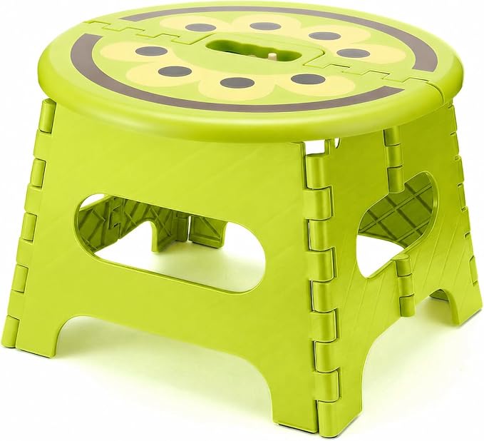9 Inch Cute Folding Step Stool for Kids, with Handle, Kiwi Green | Foldable Step Stool, Heavy Duty, Lightweight, Non-Slip, for Toddler/Adults, for Kitchen Bathroom Outdoor, Sturdy Collapsible