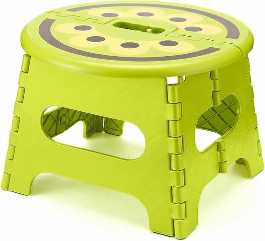 9 Inch Cute Folding Step Stool for Kids, with Handle, Kiwi Green | Foldable Step Stool, Heavy Duty, Lightweight, Non-Slip, for Toddler/Adults, for Kitchen Bathroom Outdoor, Sturdy Collapsible