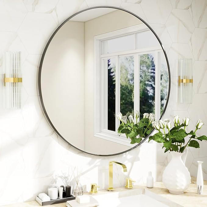 BEAUTYPEAK 24 Inch Round Mirror, Metal Frame Circle Mirror, Black | Wall Mounted for Entryway, Bathroom, Vanity, Living Room