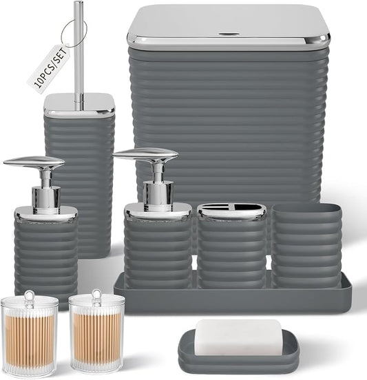 Bathroom Set - 10PC Bathroom Accessory Set, Grey Bathroom Set, Luxury Bathroom Accessories Set, Trash Can, Toilet Brush, Soap Dish, Qtip Holder & Soap Dispenser