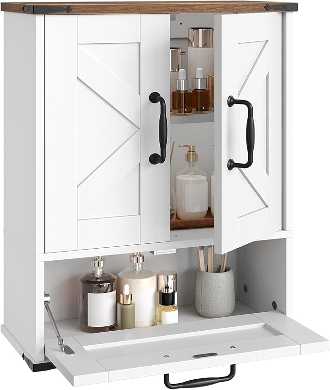 HOOBRO Farmhouse Wall Mounted Cabinet with Adjustable Shelf, Medicine Cabinet with Flip-Down Door, Over The Toilet Bathroom Organizer, for Small Bathroom, Kitchen, White and Walnut