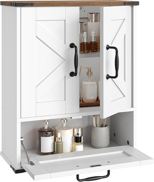 HOOBRO Farmhouse Wall Mounted Cabinet with Adjustable Shelf, Medicine Cabinet with Flip-Down Door, Over The Toilet Bathroom Organizer, for Small Bathroom, Kitchen, White and Walnut