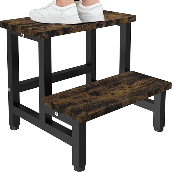 Wooden 2 Step Stool for Toddlers Kids and Adults, Heavy Duty Stepping Stools with 500 LB Load Capacity, Foot Step Stool for Bed, Living Room, Bathroom, Kitchen - Rustic Brown & Black
