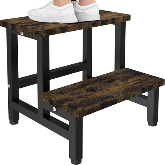 Wooden 2 Step Stool for Toddlers Kids and Adults, Heavy Duty Stepping Stools with 500 LB Load Capacity, Foot Step Stool for Bed, Living Room, Bathroom, Kitchen - Rustic Brown & Black