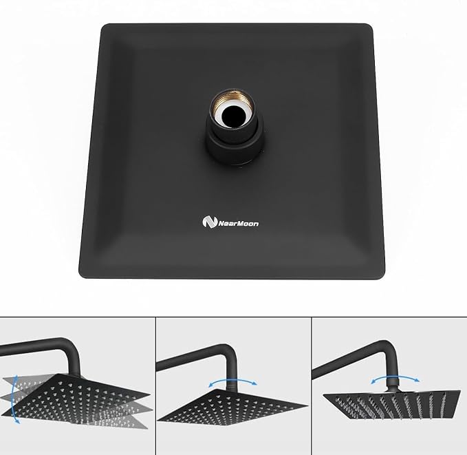 NearMoon Rain Shower Head, High Flow Stainless Steel Square Rainfall Shower, High Pressure Design, Awesome Shower Experience Even At Low Water Flow (6 Inch, Matte Black)