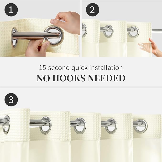 River Dream Cream Cotton Blend Fabric Shower Curtain Set with Liner, 71x74 | Waffle Weave, No Hook Needed, with Snap in Replacement Liner, Top Sheer Window, Hotel Quality Fabric for Bathroom
