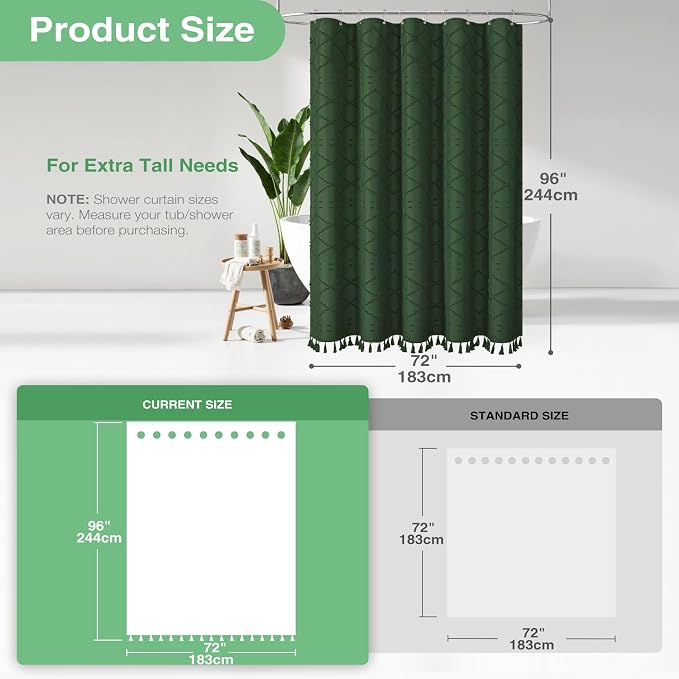 Extra Long Boho Shower Curtain Tufted Geometric 72"x96" Dark Green | 96 Inch Tall, Elegant Tassel, Lightweight Textured Fabric, Water Repellent, Washable, Hotel Spa, for Bathroom/Dorm 12 Hooks
