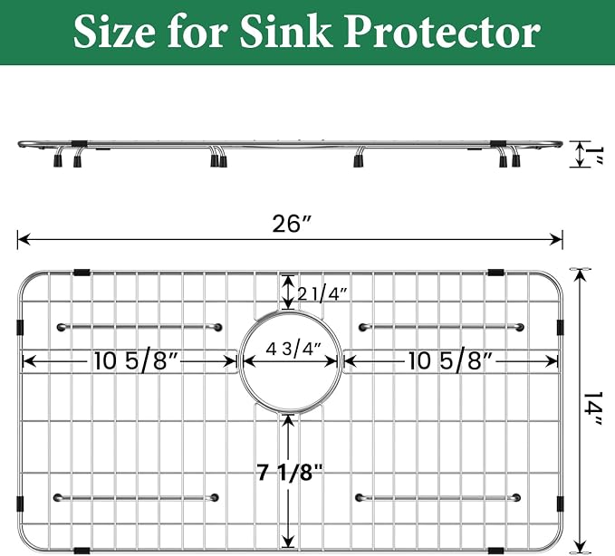 GUUKIN Sink Protectors for Kitchen Sink, 26" x 14" Stainless Steel Sink Protector with Rear Drain Hole, Sink Rack with Extra Replacement White Rubber Feet
