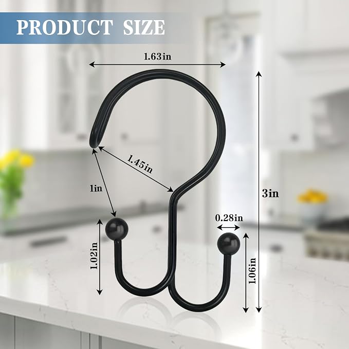 Shower Curtain Hooks, OEH Shower Curtain Rings, Black Shower Curtain Hooks Rust Proof, Decorative Double Shower Hooks for Shower Curtain, Anti-Drop Shower Rings for Curtain & Liners, Black, 12Pack