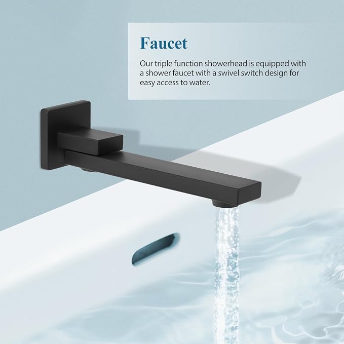 10 inch Square Shower Head and Handheld Set, Gasecoet Shower System with Tub Spout Wall Mounted Shower Faucet for Bathroom - Matte Black (With Shower Valve)