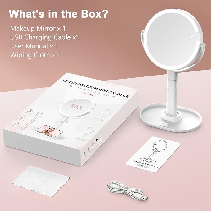 Rechargeable Lighted Makeup Mirror,10X Magnification, 8 Inch | 3 Adjustable Light Colors, Rechargeable Cordless Design, Adjustable Height, Storage Base with Phone Holder,Touch Control