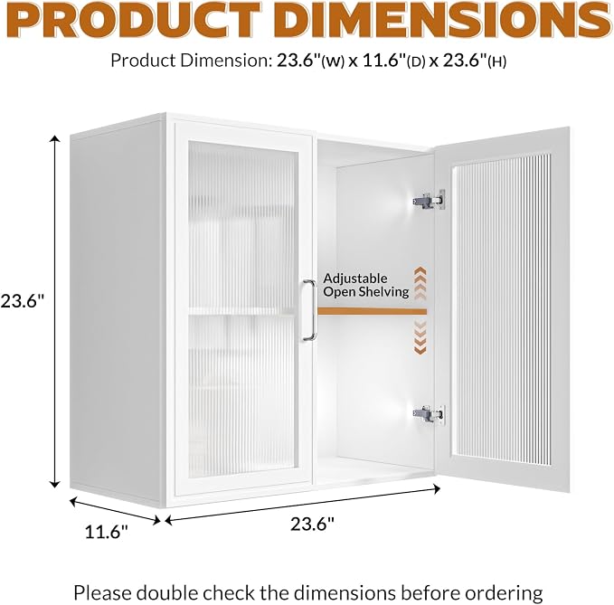 24” W Bathroom Wall Cabinet with Acrylic Glass Doors, Display Cabinet, Kitchen Wall Cabinets with Adjustable Shelf, Laundry Room Wall Mounted Cabinet, Medicine Wall Cabinet with Light (White)