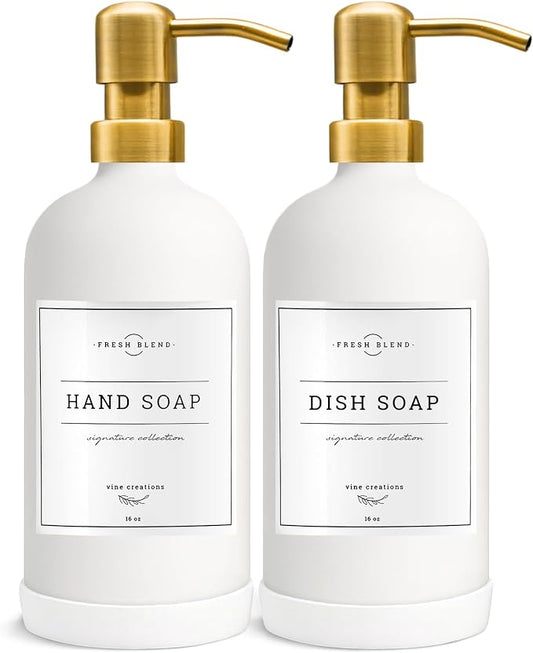 Vine Creations Glass Soap Dispenser, 2 Pack Kitchen Soap Dispenser Set with Stainless Steel Pump, 16 oz Dish Soap and Hand Soap Dispensers for Bathroom with Waterproof Labels (White)