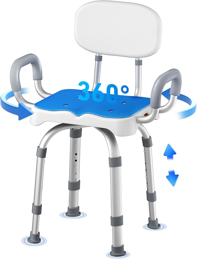 KingPavonini 360° Swivel Shower Chair for Inside Shower, 550 LB Heavy Duty | Stable Flat Tube Frame, Shower Chair for Elderly and Disabled, 360° Swivel with 90° Lock, M-Shaped Anti-Slip Seat, Tool-Free