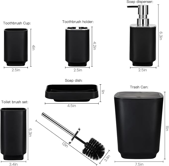 Bathroom Accessory Set 6 Piece Bathroom Accessories Set with Toothbrush Holder&Cup,Soap Dispenser& Dish,Toilet Brush Holder,Trash Can Plastic Gift Set for Bathroom Decorative Countertop (Black