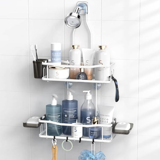 Hanging Shower Caddy Over Shower Head - No Drill Rustproof Shower Rack | Includes Soap Holder and Hooks for Shampoo, Conditioner, and Bathroom Essentials with Stable Storage in Any Shower Space