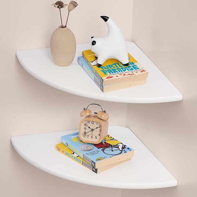 Gieanoo Floating Corner Shelves Set 2 16inch White Solid Oak Rounded Corner Shelves Wall Mounted with Cable Hole Wood Corner Hanging Shelves for Living Room Bedroom Bathroom Kitchen