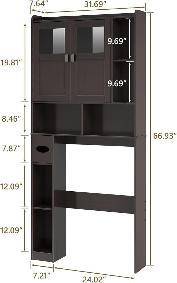 Vabches Over The Toilet Storage Cabinet with Doors and Shelves, Espresso | Freestanding Home Space Save Toilet Rack, with Adjustable Shelves for Restroom, Bathroom, Laundry
