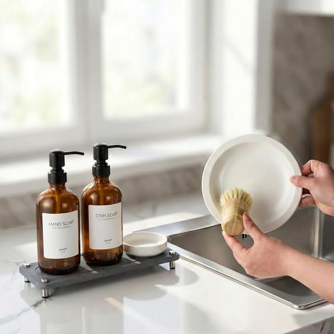 2 Pack Kitchen Soap Dispenser Set - 16oz Amber Glass Dish and Hand Soap Dispenser with Stainless Steel Pump, Instant Dry Tray, Dish Brush & Holder, Refillable Countertop Sink Decor for Kitchen & Bath