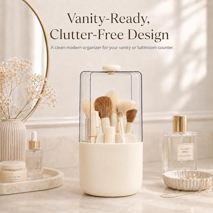 EACHY Makeup Brush Holder with Lid, Rotating Makeup Brush Organizer, Beige | Dustproof Lid, 7 Compartments, Waterproof Plastic, Vanity Makeup Organizer for Brushes