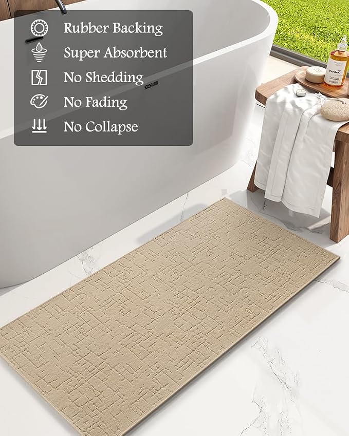 AMOAMI-Bath Mat-Absorbent Quick Dry Bathroom Floor Mats-Washable Rubber Backing Bath Mats for Bathroom Rugs Fit Under Door-Bath Rug for in Front of Sink Bathtub Shower Room, Camel 24''x70''