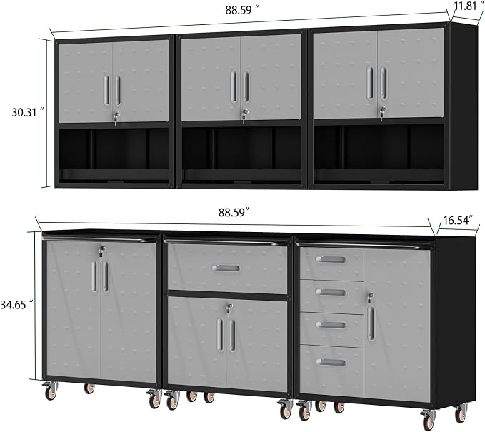Garage Storage Cabinet System,Wall Cabinet & Locking Rolling Tool Cabinet with Doors and Adjustable Shelves