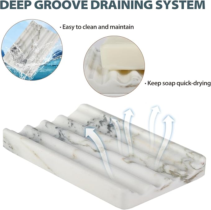 African Natural Marble Soap Dish for Shower, Stone Soap Tray for Bathroom, Bar Soap Holder for Sink, Stripe Grooves Soap Saver Stone Dish Keep Bars Dry Easy Clean (Namib Bianco)