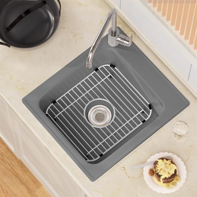 SANNO Stainless Steel Sink Protector, Grid Sink Rack, Bottom of Sink with Center Drain, Scratch Free 11.5" x 13.8"