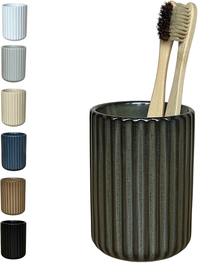 Stoneware Toothbrush Holder for Bathroom Tooth Brush Holder for Bathroom Toothbrush Cup Toothbrush Holders Cute Fluted Vertical Ribbed Stripe (Retro Bronze)