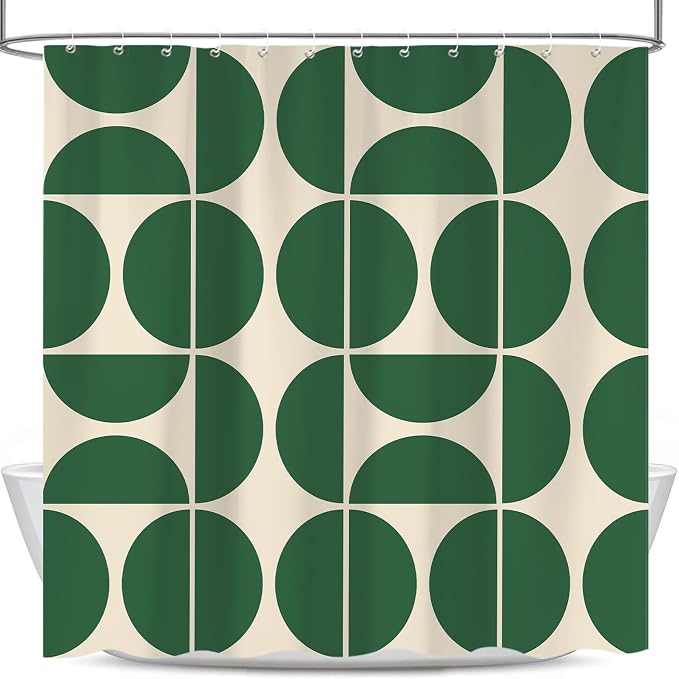 Green Mid Century Modern Shower Curtain, Boho Abstract Geometric Retro Art Bath Curtains for Bathroom, Colorful Unique Pattern Waterproof Polyester Fabric Bathroom Set 12 Hooks 72X72IN