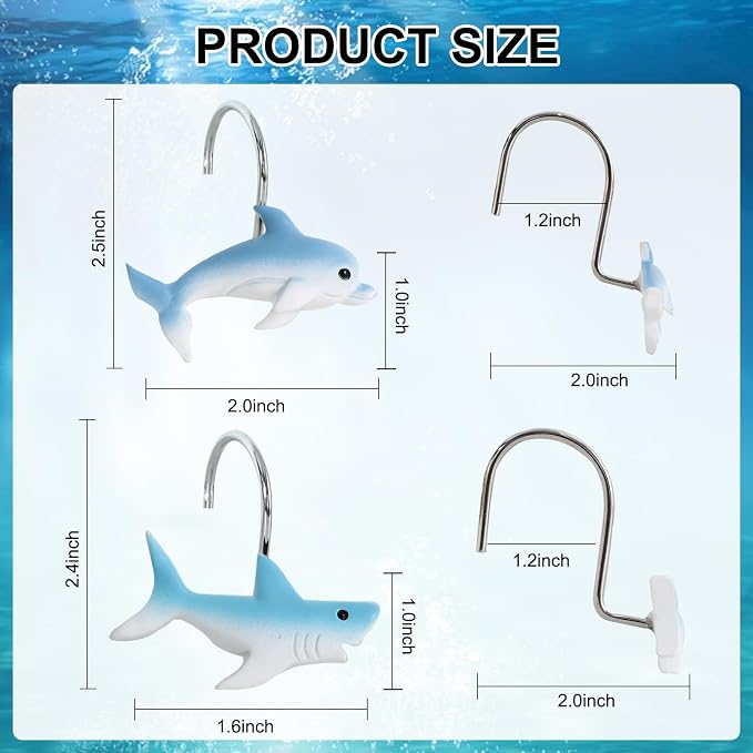 12-Piece Shark Shower Curtain Hooks for Bathroom | Dolphin Decorative Shower Curtain Hooks, Stainless Steel Shower Hangers Rings