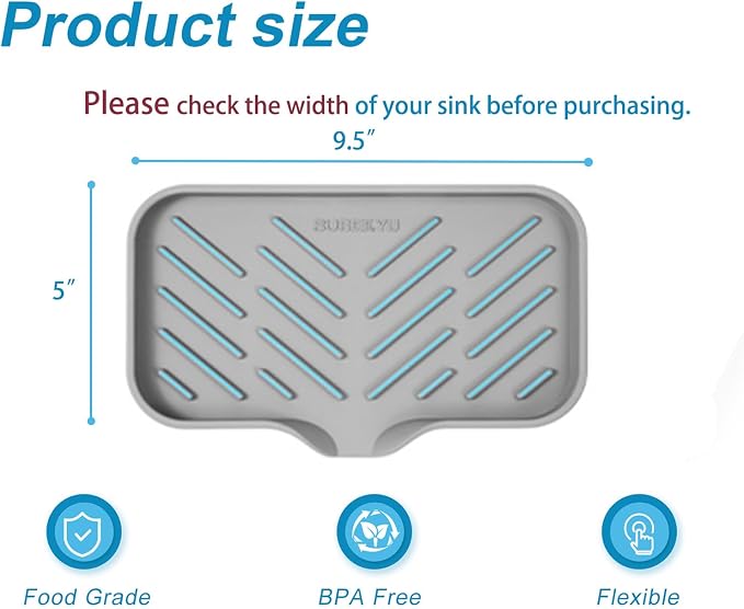 Silicone Kitchen Soap Tray, Sink Tray,Grey, [Size: 9.5 x 5 inch] | Sponge Holder for Kitchen Counter Soap Bottles and Organizer with Drain Spout