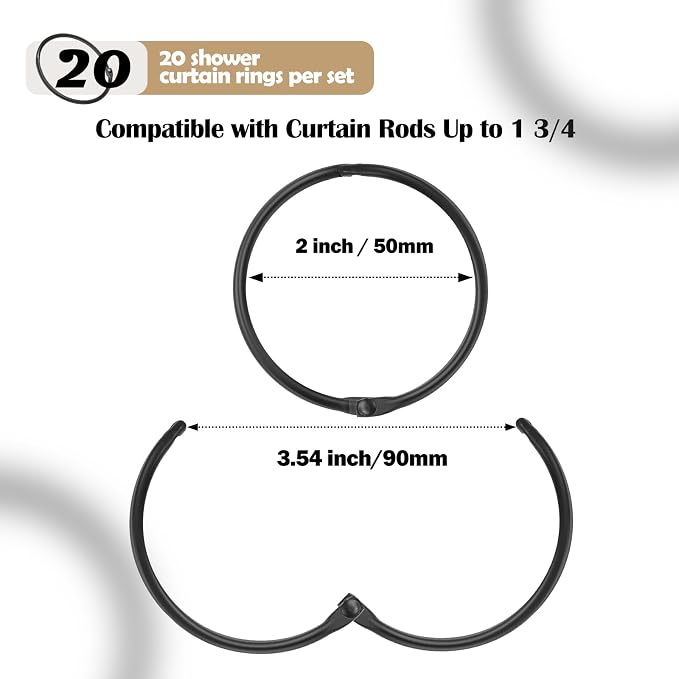 20Pcs Shower Curtain Hooks,Metal Round Shower Curtain Hooks Roman Rings | Rustproof Decorative Shower Curtain Rings for Bathroom, Bathtub, Window, Balcony (20, Black)