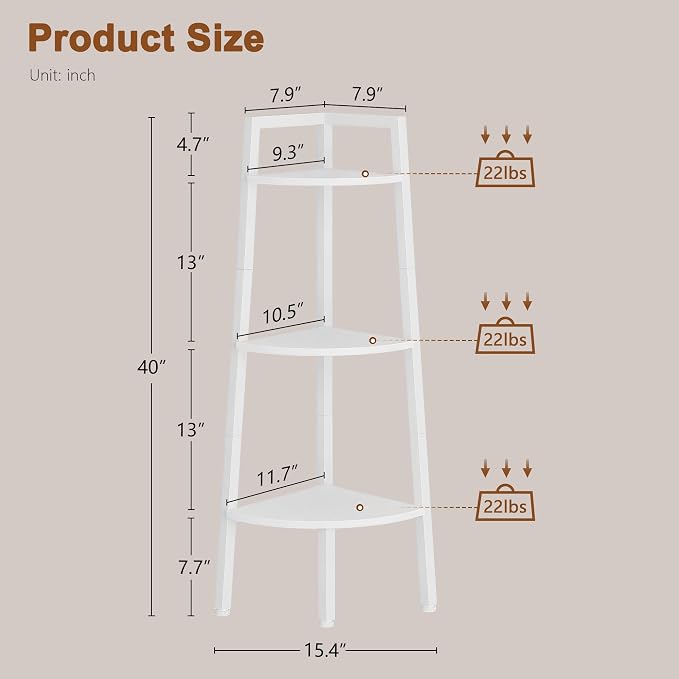 Hoctieon Corner Shelf, 3-Tier 40" Tall Corner Bookshelf, Rustic Ladder Shelf, Industrial Display Stand for Living Room, Kitchen, Home Office, Balcony, Small Space, Metal Frame, White