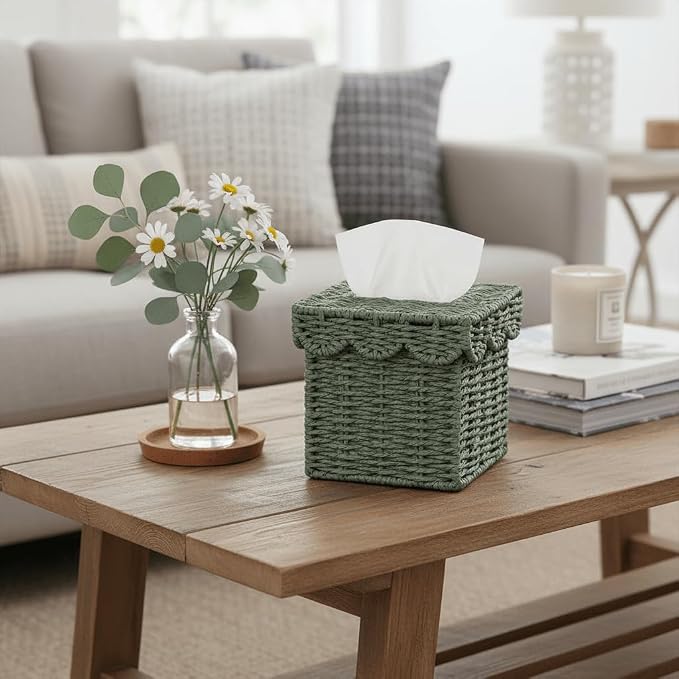 CubesLand Square Wicker Tissue Box Cover W/Scalloped Lid for Home Decor | Handwoven Facial Tissues Boxes Fits Living Room Table Decor, Rustic Farmhouse Boho Bathroom Decorative, Green