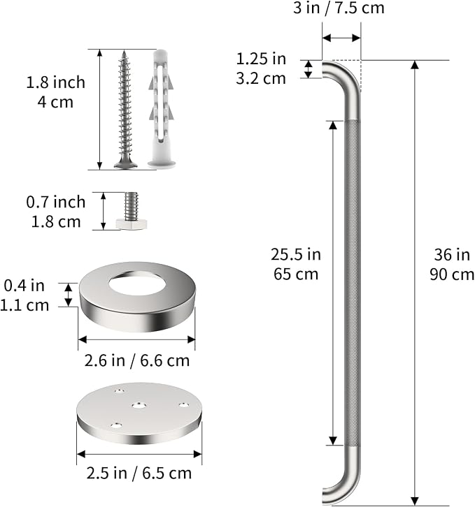 ZUEXT 2 Pack 36 Inch Extra Long Brushed Nickel Anti Slip Safety Grab Bars | Stainless Steel Bathroom Safety Assist Handle, Wall Mounted, Balance Support Rail for Seniors Elderly Handicap, 1.25" Dia