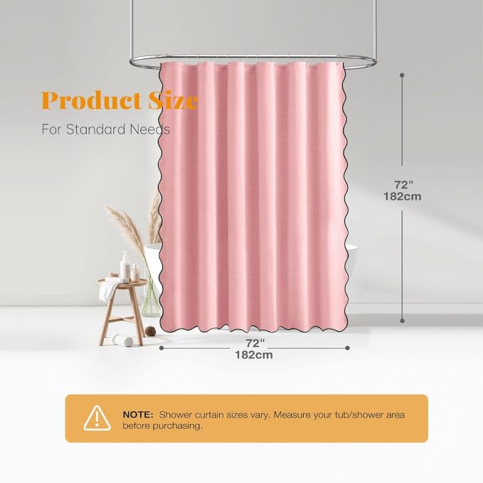 Pink Boho Scalloped Linen Textured Cloth Shower Curtain Set, 72x72 | 230GSM Waterproof Polyester, Heavy Duty Fabric, 12 Plastic Hooks, Modern Farmhouse Style, Machine Washable, Bathroom Decor