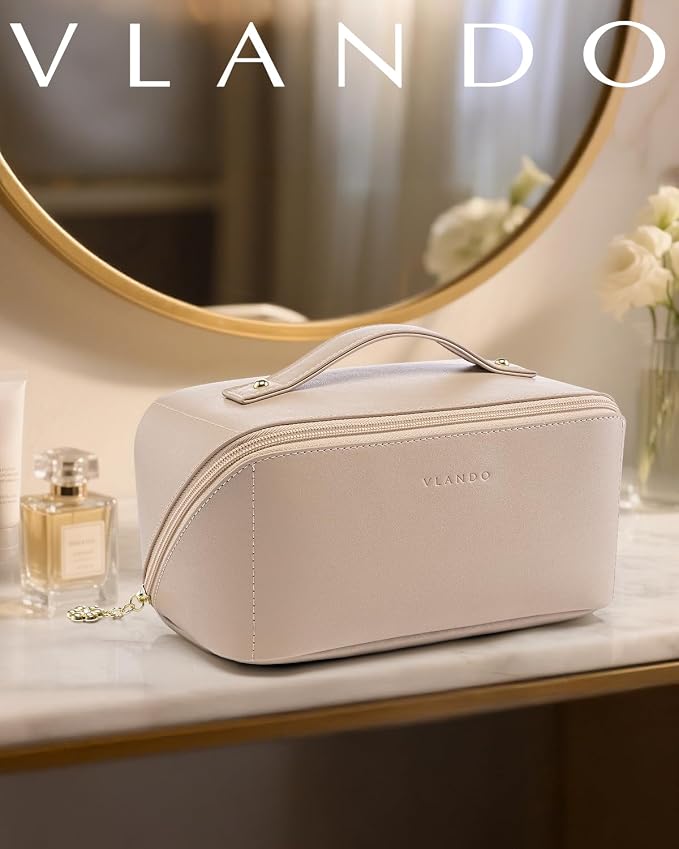 VLANDO Travel Makeup Bag with 180°Opening, Women Toiletry Case,Toffee | Waterproof PU Leather with Zip TPU Pocket,Separate Brush Pouch,Travel Essentials,Skincare,Brushes Organizer,Gifts for Women