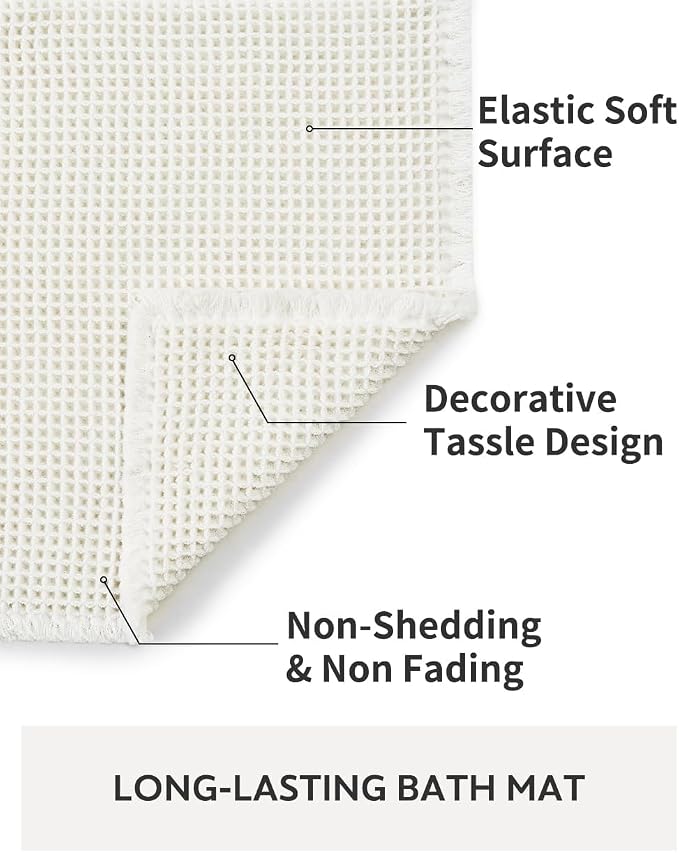 tchdio Waffle Bath Mat-Runner Rug, Super Absorbent Non Slip Bath Mats for Bathroom Machine Washable Long Rugs with Tassels, Bath Rugs for Bathroom Floor Beside Tub, 2' x 6'(24" x 72"), White