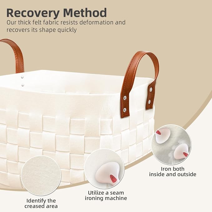 Blankets Basket 16.5 " x13 x13 , Large Rectangular Laundry Hamper with Leather Handle, Soft Dog Toy Basket for Storage-Beige