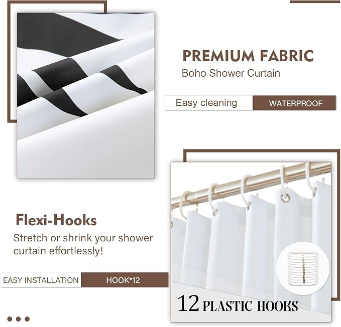Boho Mid Century Leaf Shower Curtain Set,Arch Sun Design,Minimalistic Leaves Pattern,Waterproof and Luxurious Fabric-12 Hooks(Black and White-72" x 72")