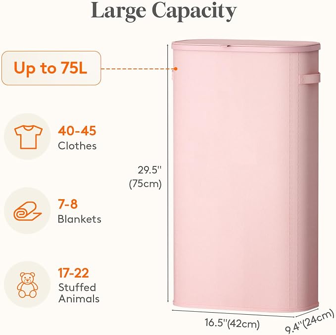 Lifewit Slim Laundry Basket with Lid and Removable Bag, 75L, Pink | Plastic Handles, Collapsible Narrow Laundry Hamper, Tall Skinny Laundry Bin, Clothes Hamper for Laundry, Bedroom, RV, Dorm