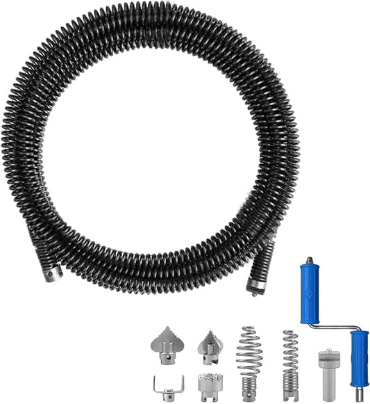 32.8ft x 1/2" Drain Snake Plumbing Pipe Cleaning Cable w/ 6 Cutters | Heavy-Duty Stainless Steel, Manual & Powered Adapter, Auto Feed, Hollow Core Design, Interchangeable Blades, for Sinks & Tubs